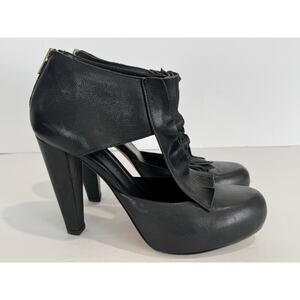Loeffler Randall Black Leather Ruffle Bootie Heels Shoes Zip Back Size 8.5 Women
